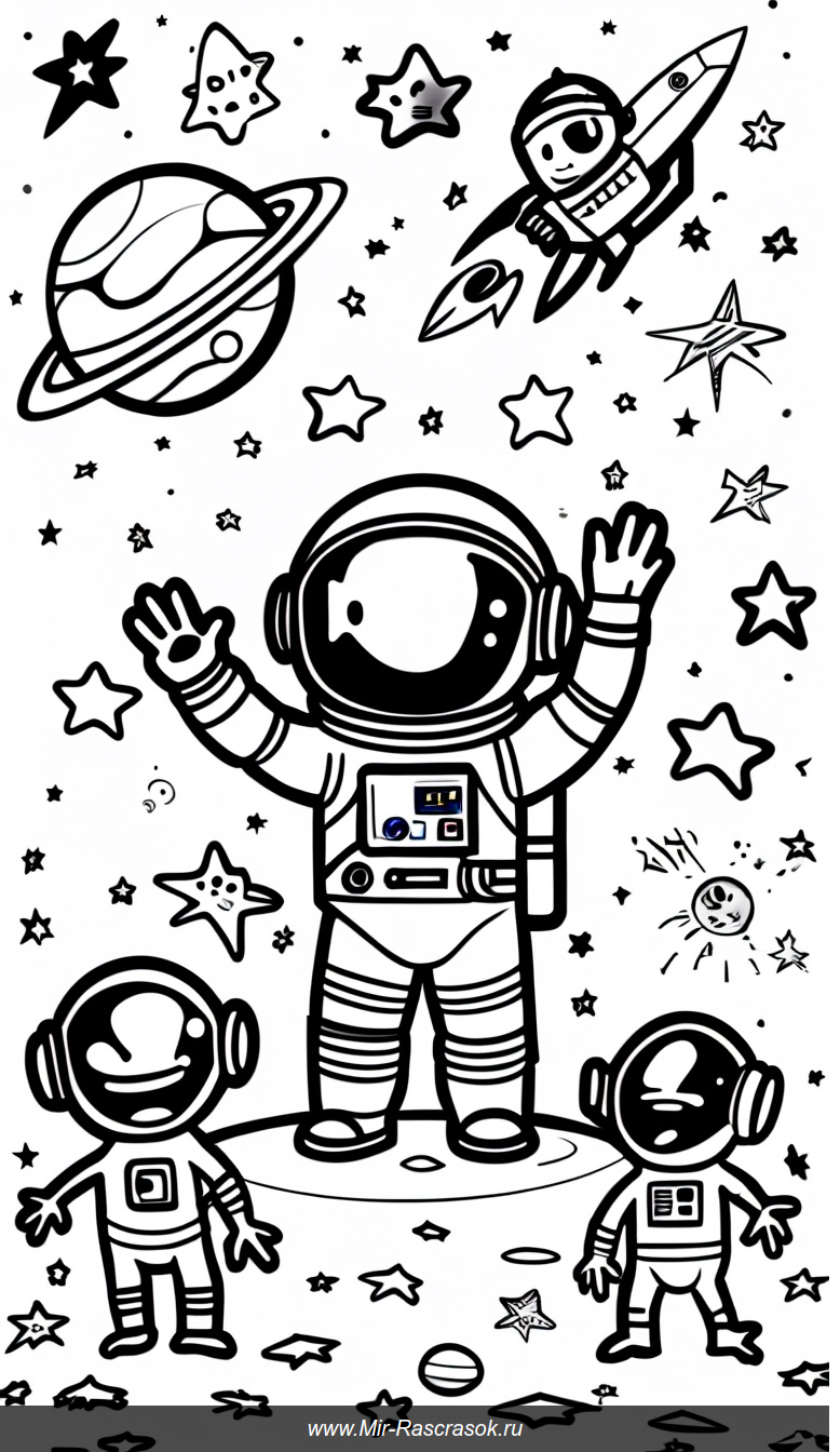 Дружелюбный астронавт и веселые пришельцы на маленькой планете в раскраске