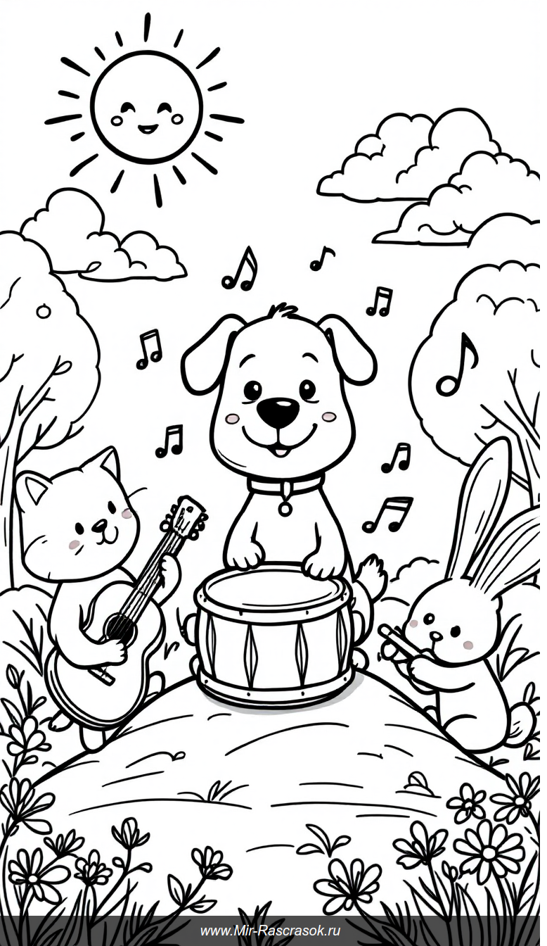 Веселая музыкальная сцена для раскрашивания с дружелюбными животными
