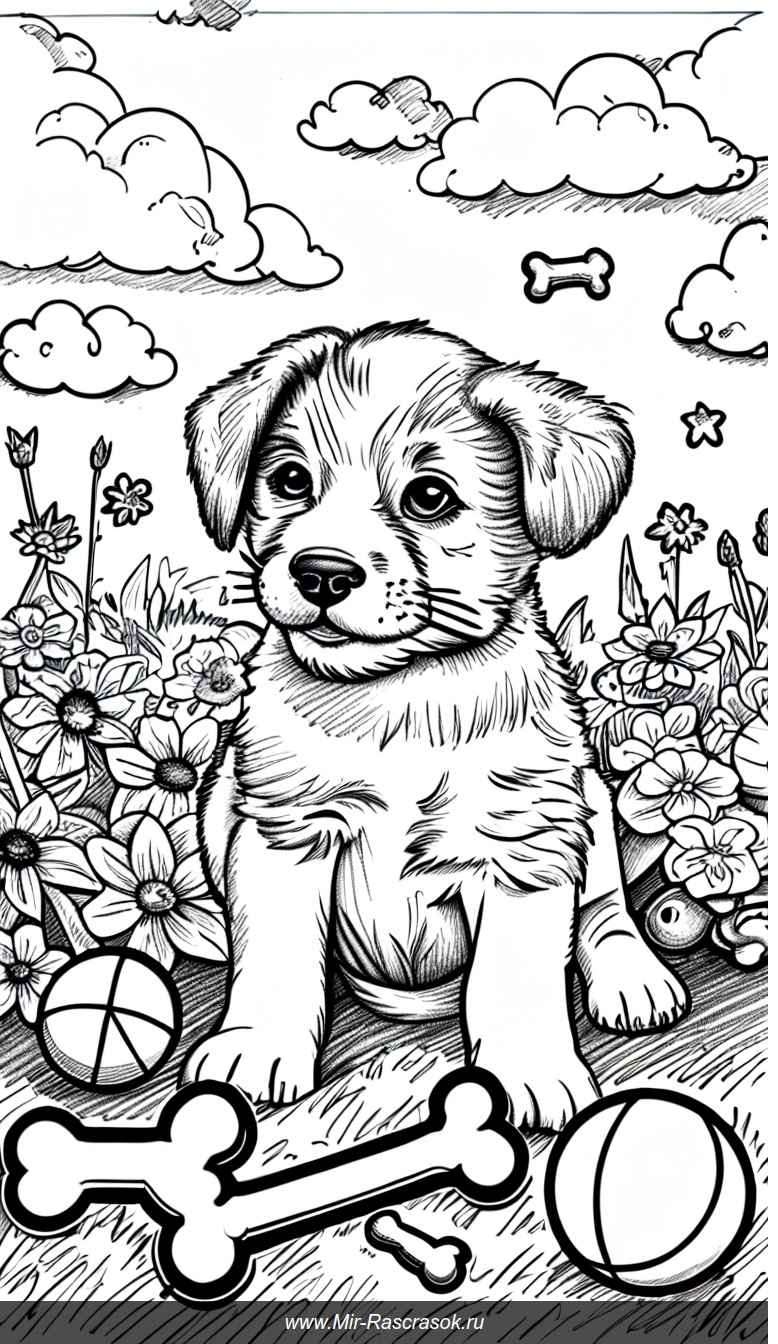 Веселый щенок для раскрашивания в саду