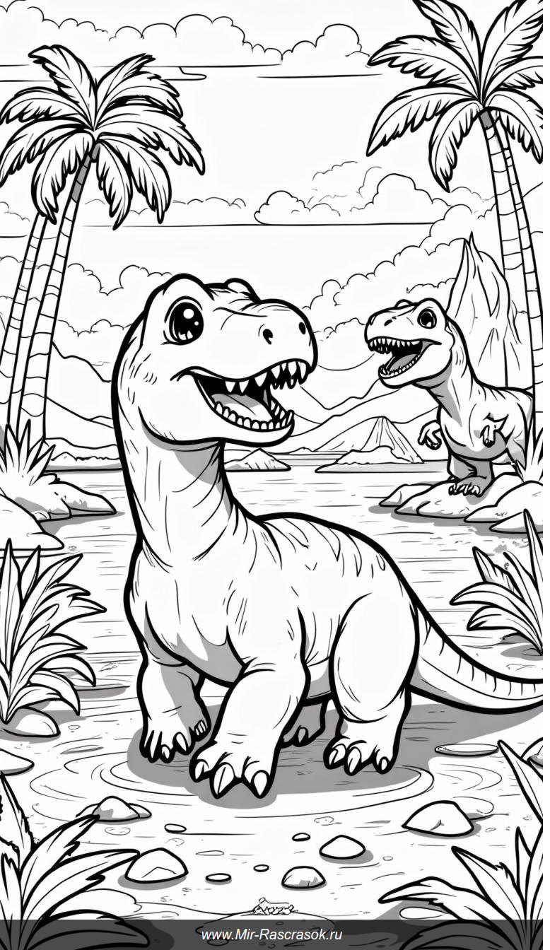 Раскраска доисторического мира с динозаврами и вулканами