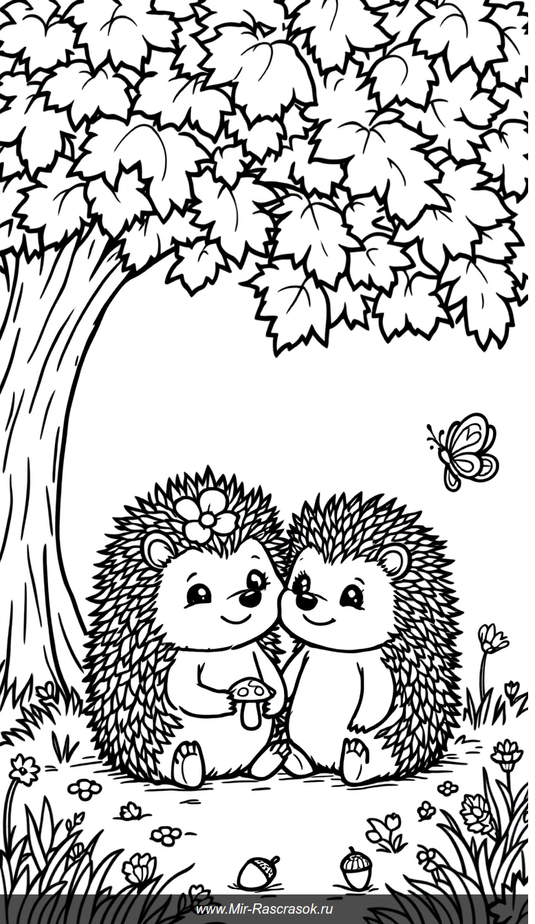 Дружба ёжиков у большого дерева в раскраске для детей