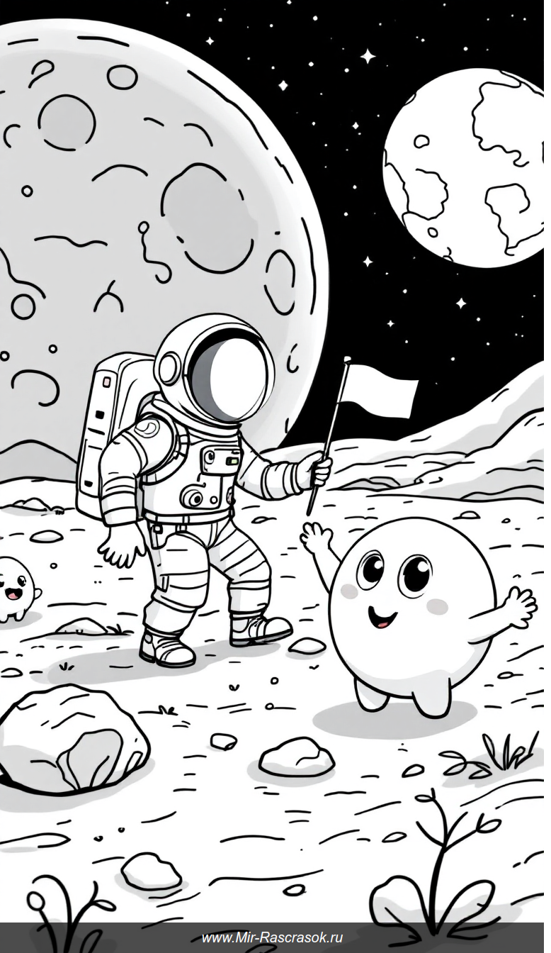 Радостная высадка на Луну друзья из космоса для раскрашивания