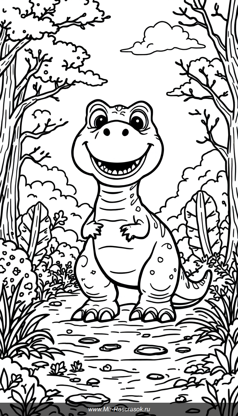 Познакомьтесь с дружелюбным Тираннозавром в нашей раскраске 🦖🌿 Простые и четкие линии помогут детям развивать творческие навыки, раскрашивая доброго динозавра и природу вокруг него 🌸🌞 Идеально для маленьких художников, любящих приключения и динозавров!