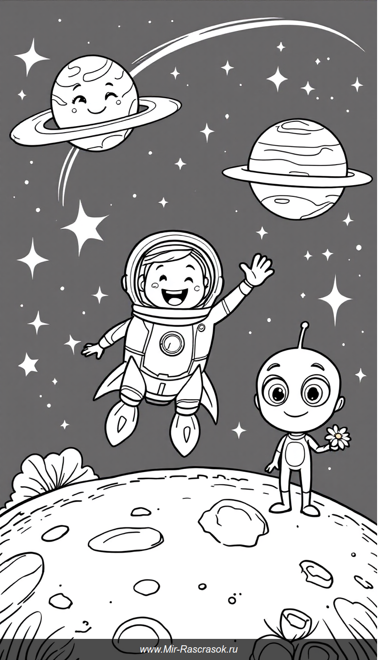 Дружелюбное космическое приключение в раскраске для самых маленьких