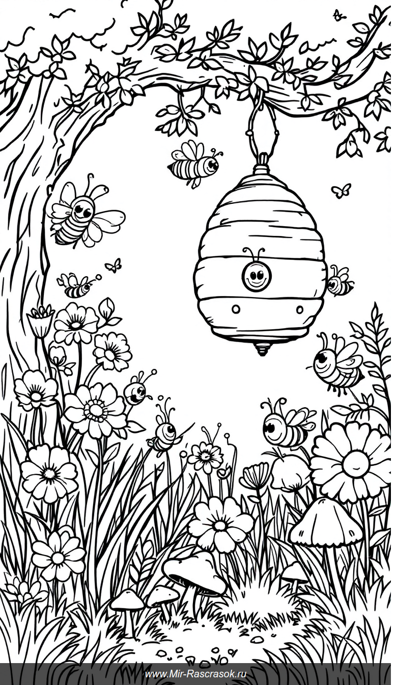 Веселый сад с пчелками для детской раскраски