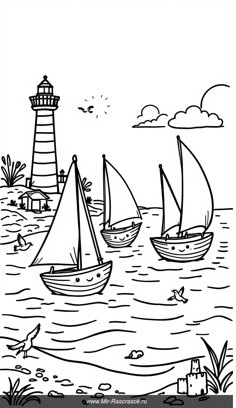 Раскраска с добрыми парусниками на спокойном морском берегу для детей