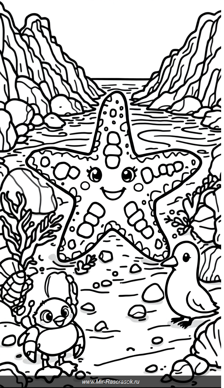 Веселая звезда и друзья на пляже раскраска для детей