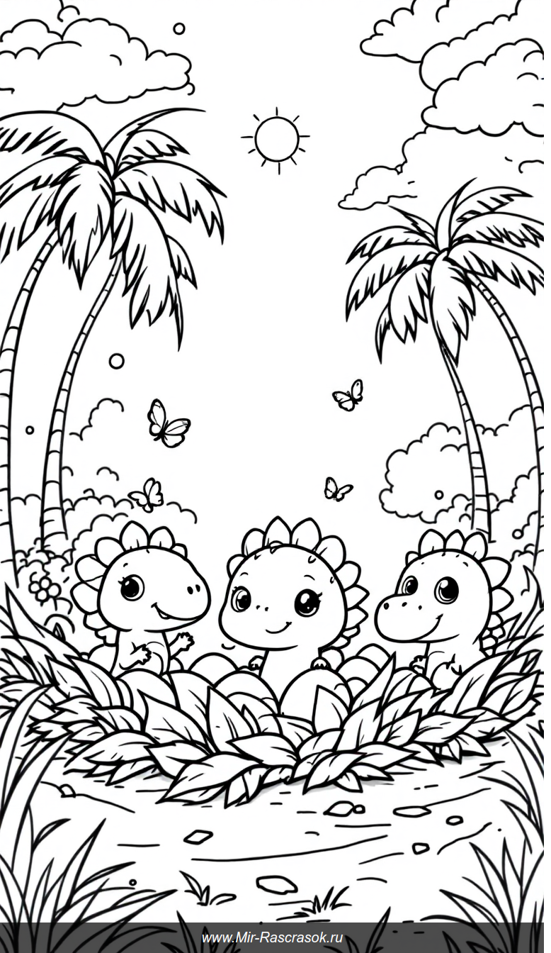 Радостный доисторический мир динозавров в раскраске для детей