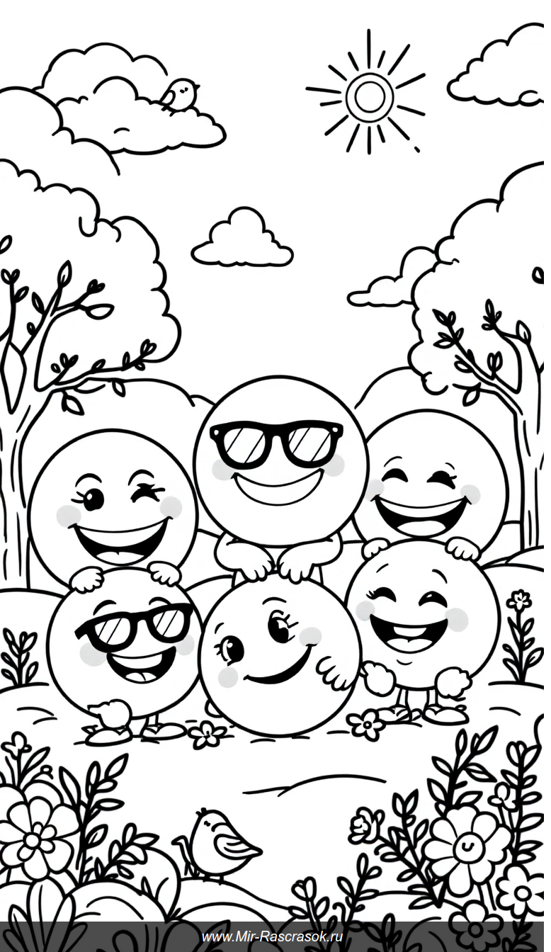 Большая раскраска с веселыми смайликами для самых маленьких