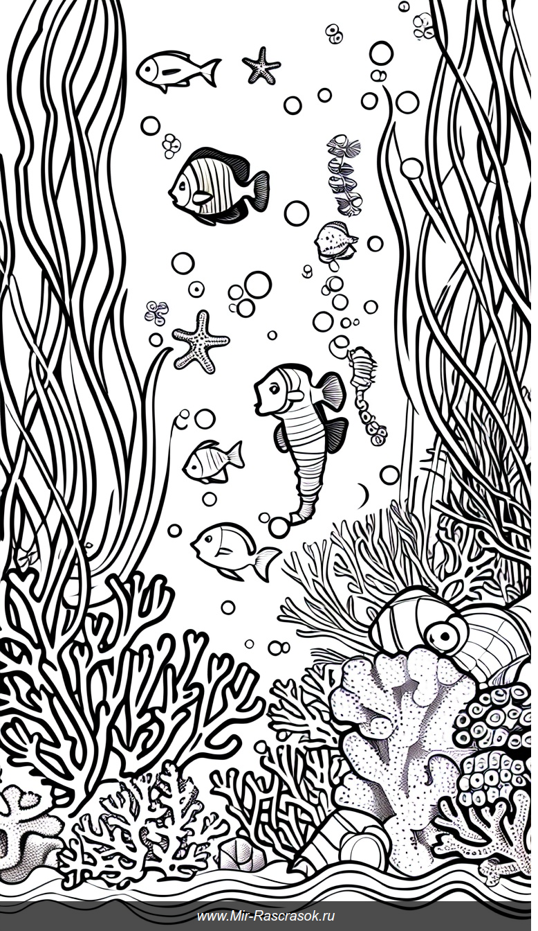 Раскраска подводного мира с коралловым рифом и морскими обитателями