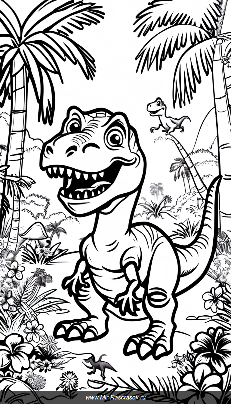 Раскраска с дружелюбным тираннозавром в доисторическом джунглях