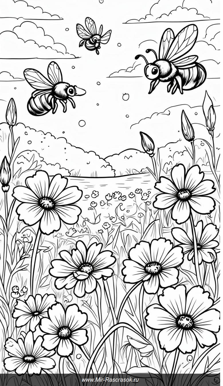 Раскраска солнечного луга с радостными пчелами и цветами