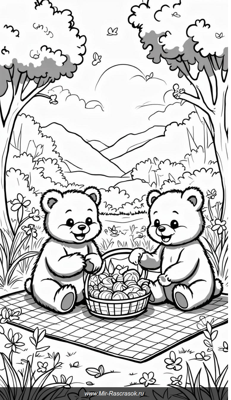 Уютный пикник медвежат в волшебном лесу
