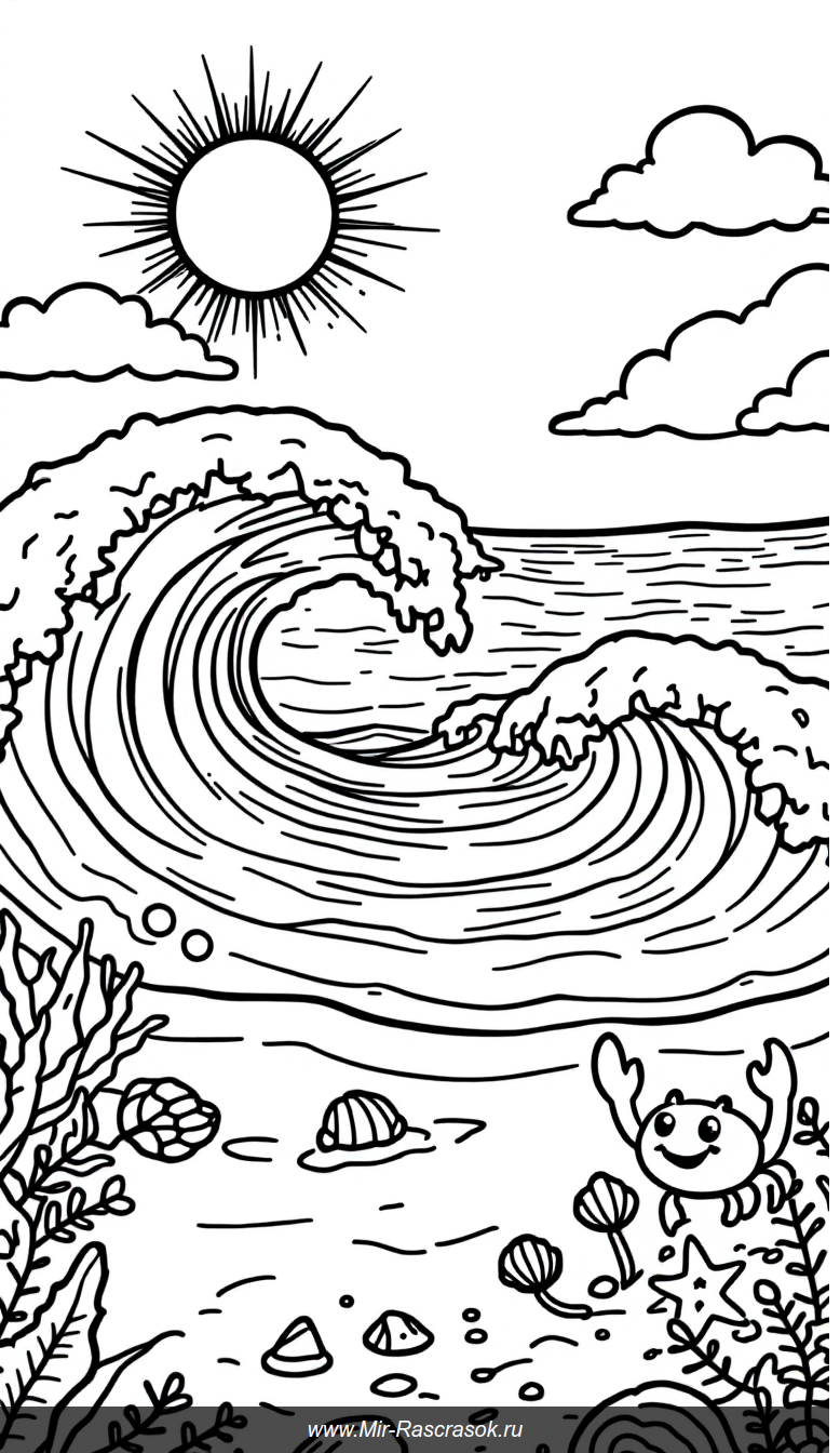 Весёлый пляж для раскрашивания с волнами и дружелюбными морскими обитателями