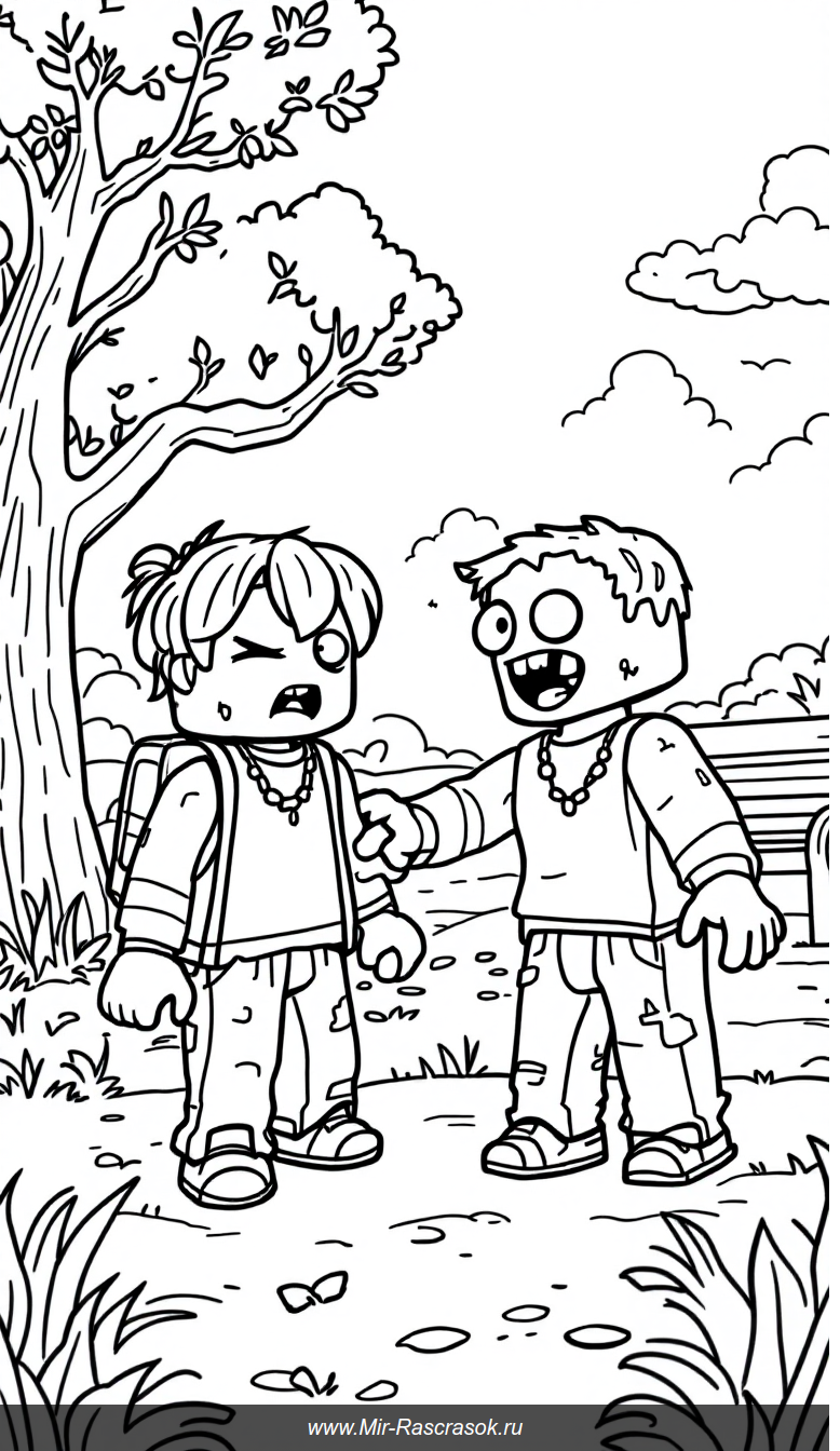 Веселая раскраска в стиле Roblox с милыми зомби и играющими детьми