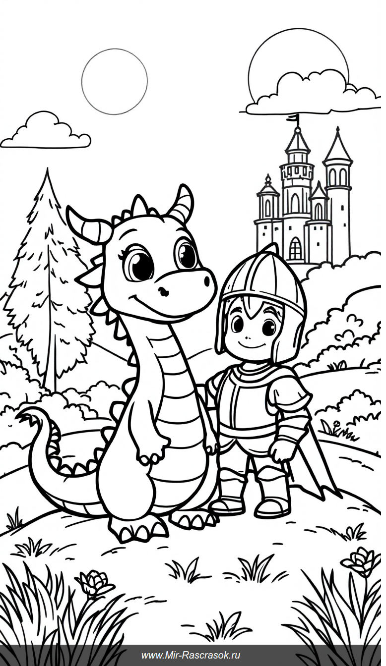 Дружба дракона и рыцаря в ярком мире раскраски для детей
