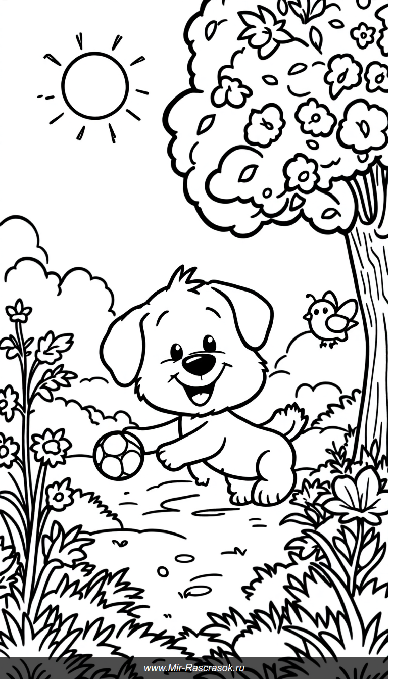 Весёлый щенок в солнечном парке раскраска для детей