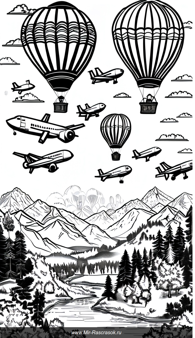 Раскраска с небом, полным самолётов и воздушных шаров над горами и рекой