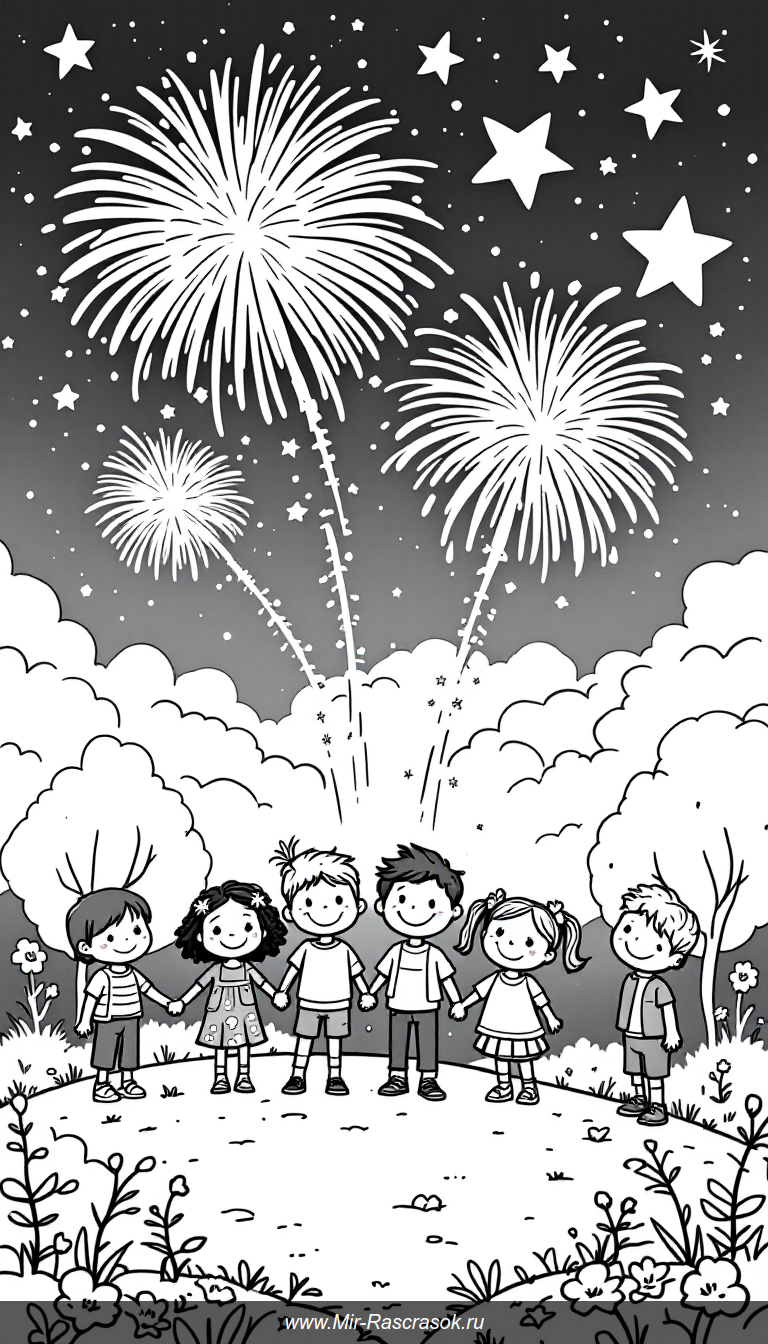 Погрузитесь в волшебство ночного неба с фейерверками и яркими звездами 🌟🎆 Идеально для детского творчества и раскрашивания, этот рисунок поможет развить воображение и подарит радость каждому малышу 🌈👧🧒 Попробуйте раскрасить эти простые и веселые сцены уже сегодня