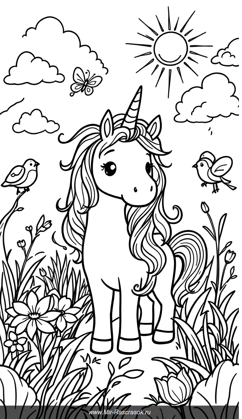 Волшебный единорог в цветущем лугу для детской раскраски
