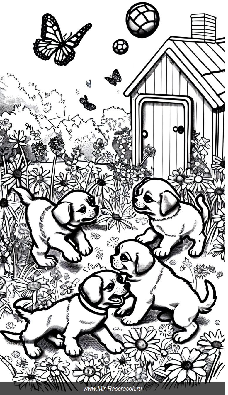 Раскраска с щенками в солнечном саду ловят бабочек и играют