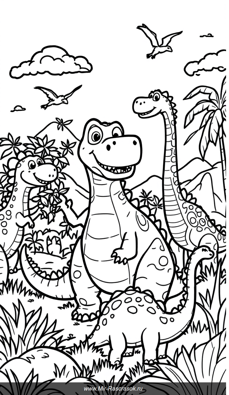 Весёлая динозавровая раскраска для самых маленьких