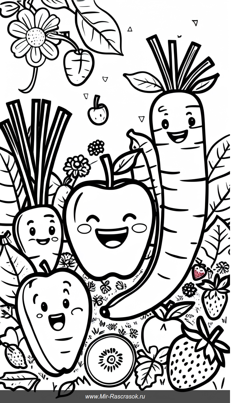 Веселая раскраска с улыбающимися фруктами и овощами