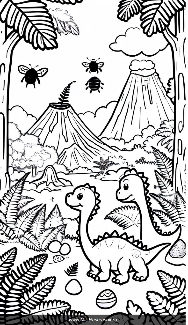 Раскраска с милыми детенышами динозавров в доисторических джунглях для детей