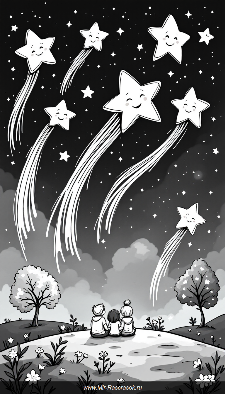 Волшебная ночь с улыбающимися падающими звездами для детского раскрашивания