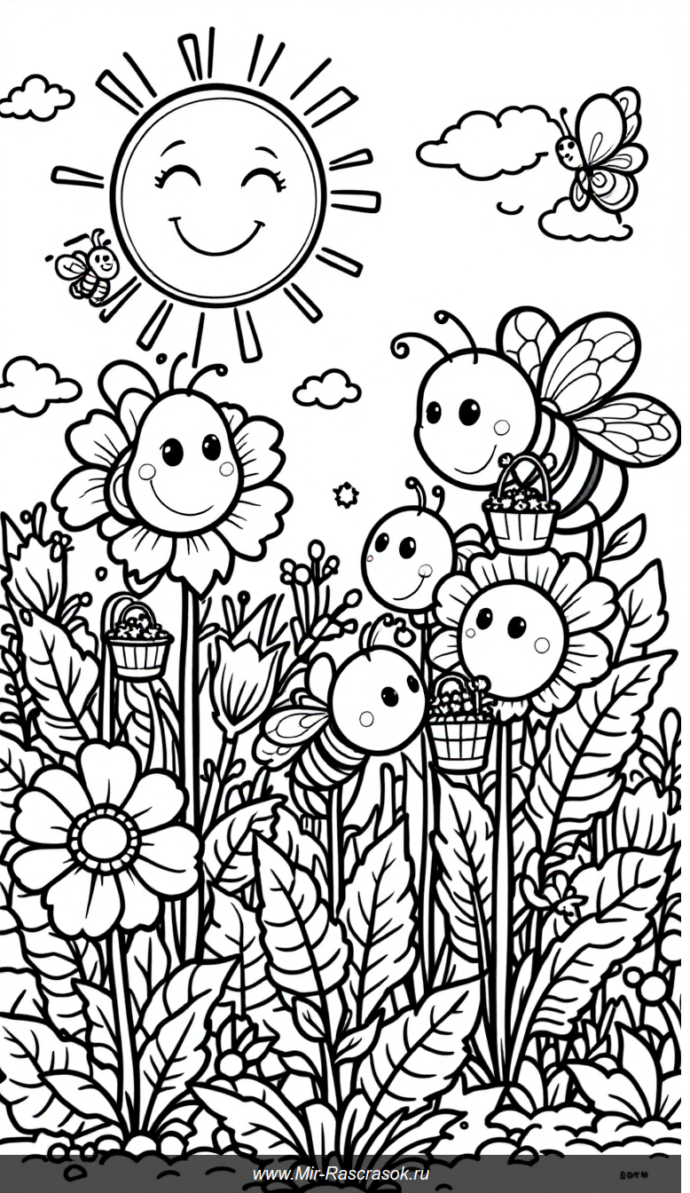 Весёлый сад с пчёлками и цветами для детской раскраски