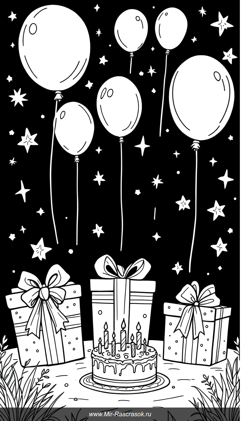 Веселый День Рождения раскраска для малышей с большими формами