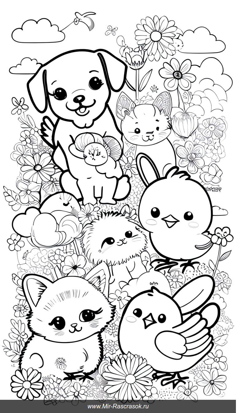 Раскраска с милыми животными малышами среди цветов и облаков