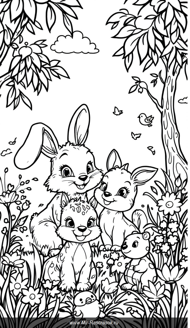 Веселая поляна с зайчиком и малышом оленем для детской раскраски