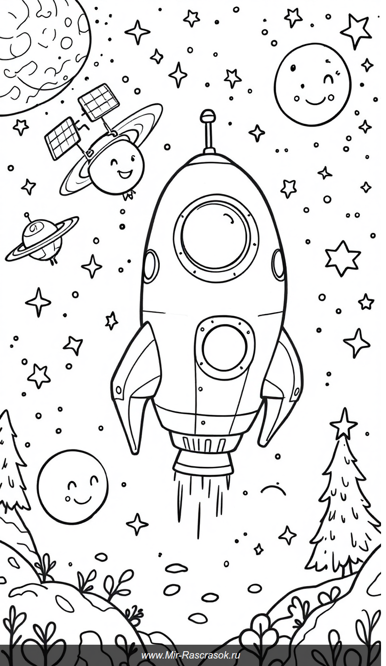 Весёлое космическое путешествие с дружелюбным кораблём для детской раскраски