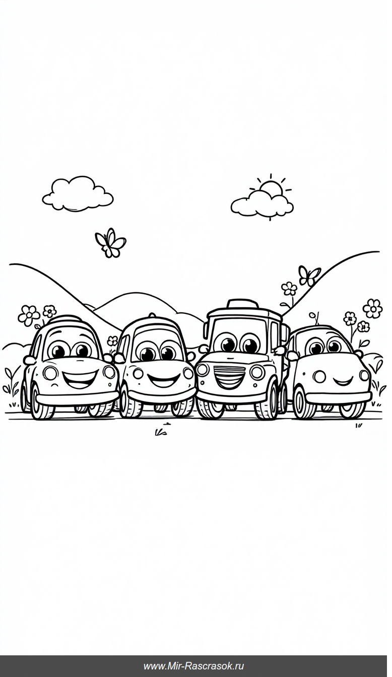 Веселая раскраска с четырьмя счастливыми машинками на дороге