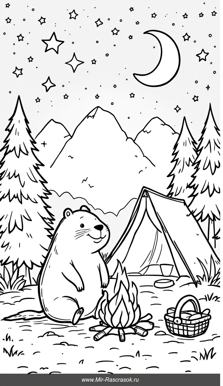 Раскраска с капибарой у костра на уютном детском кемпинге
