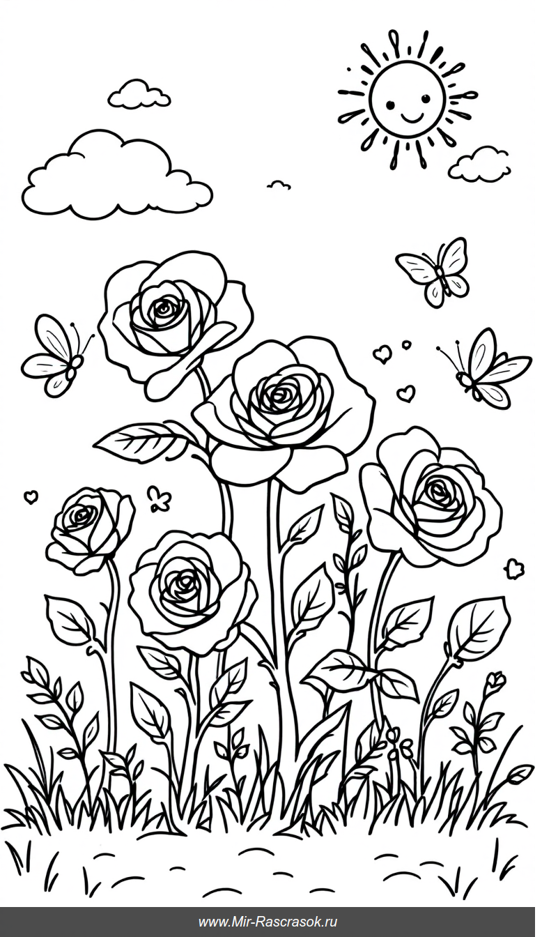 Цветочная раскраска с розами бабочками и улыбающимся солнцем для детей