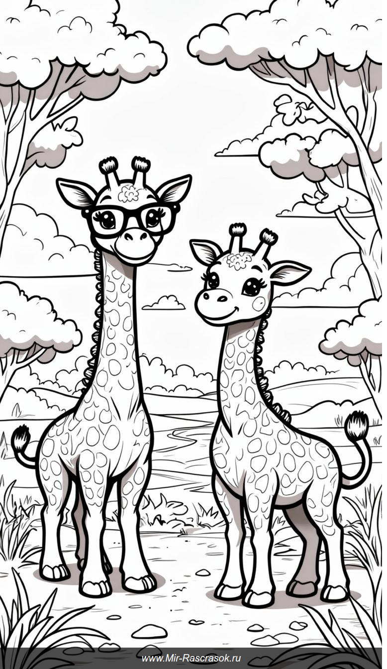 Раскраска с забавными жирафами в саванне