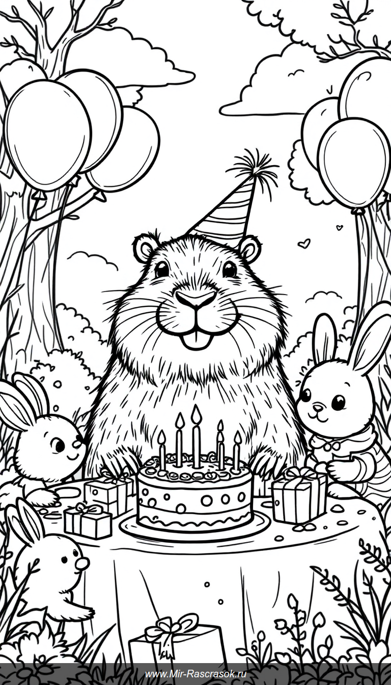 Веселая капибара 🎉 отмечает день рождения с друзьями 🎈 на яркой и дружелюбной вечеринке 🍰🐾 раскрасьте этот забавный праздник с милыми животными и воздушными шарами для отличного настроения и творчества 🖍️✨