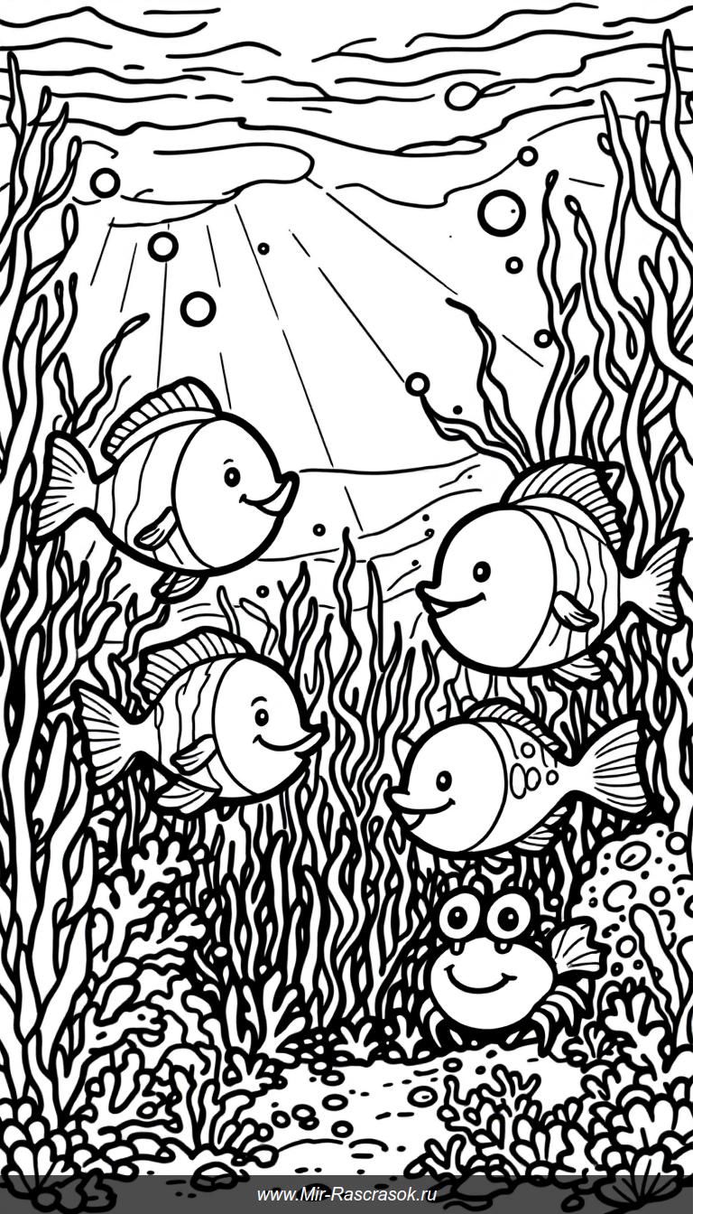Подводный мир для раскрашивания веселые рыбы и краб для детей