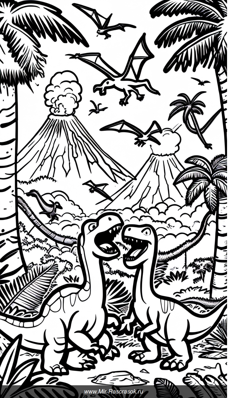 Раскраска Динозавры в доисторическом лесу с вулканами и птеродактилями