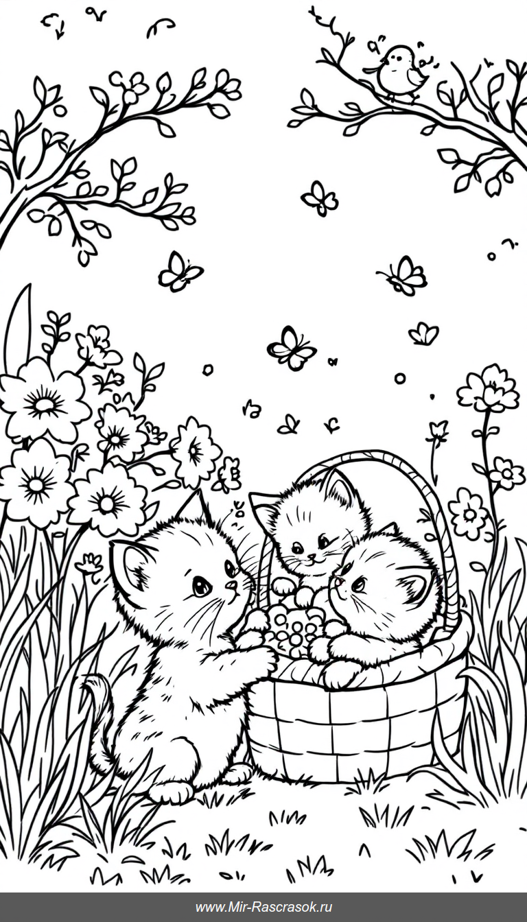 Подарите детям радость с нашей раскраской Очаровательные котята 🎨🐱 Весёлые малыши играют в саду с бабочками и цветами, что гарантирует весёлое и творческое времяпрепровождение 🌸🦋 Задания просты и понятны, идеально подходят для малышей, развивают моторику и фантазию 👶✨