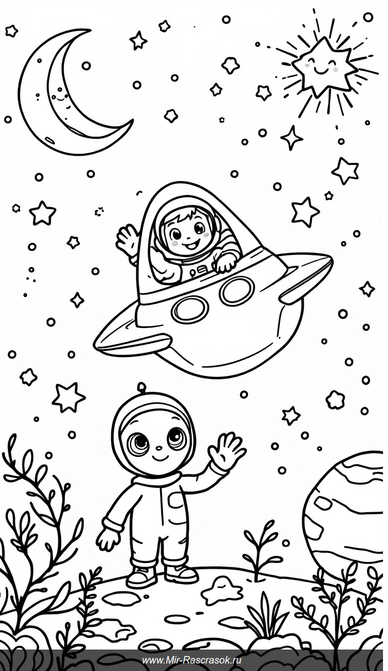 Веселое космическое приключение для детей раскраска с дружелюбными персонажами