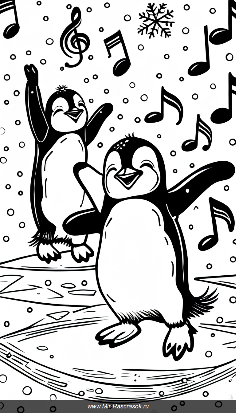 Радостные пингвины танцуют на льду раскраска с музыкальными нотами и снежинками