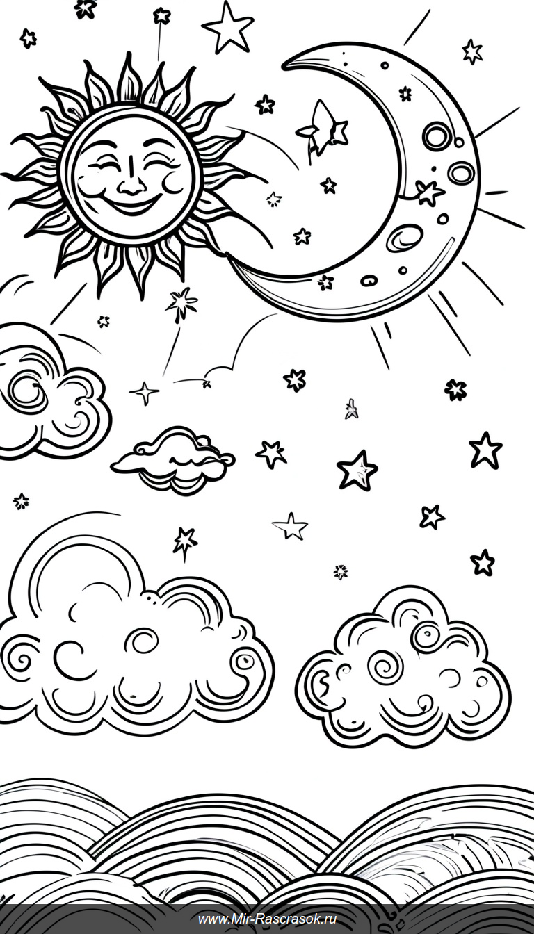 Загадочный мир солнца и луны в черно-белой книге раскраске