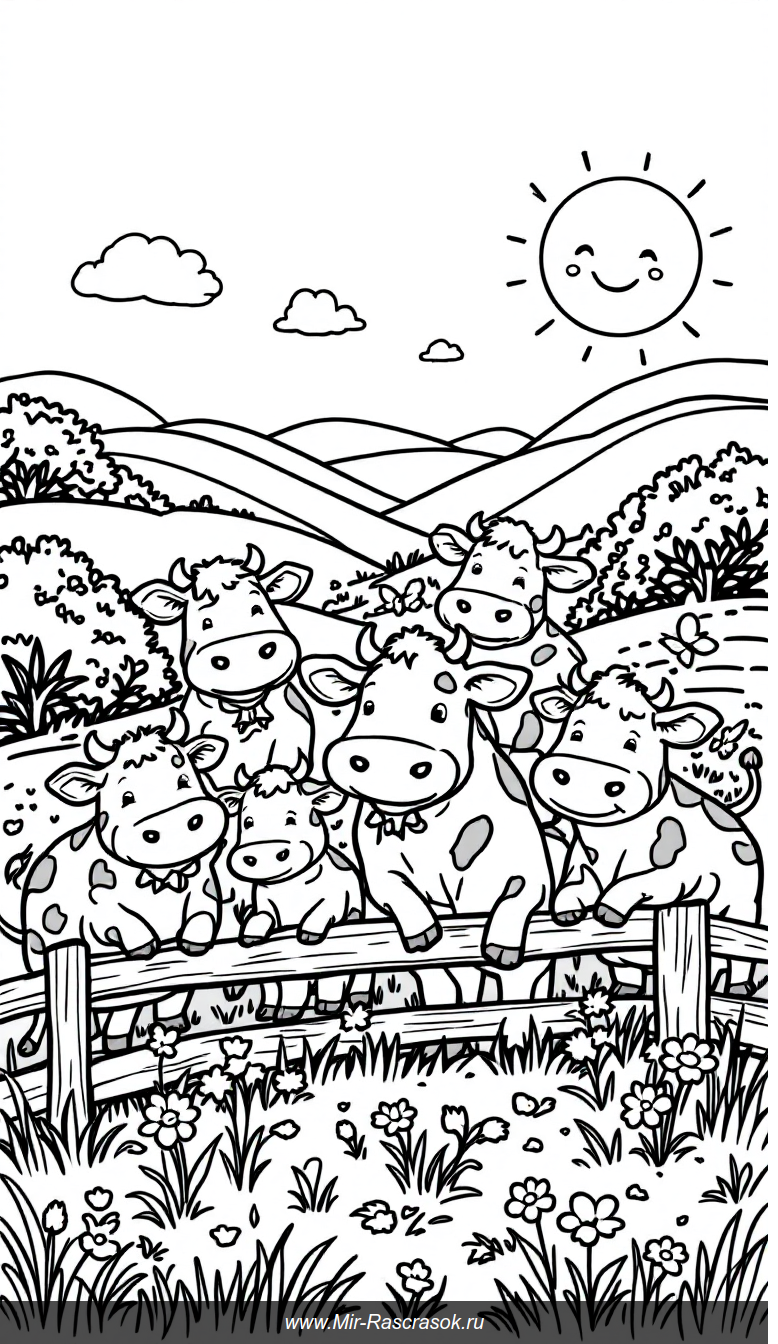 Веселые коровы на солнечном лугу раскраска для детей