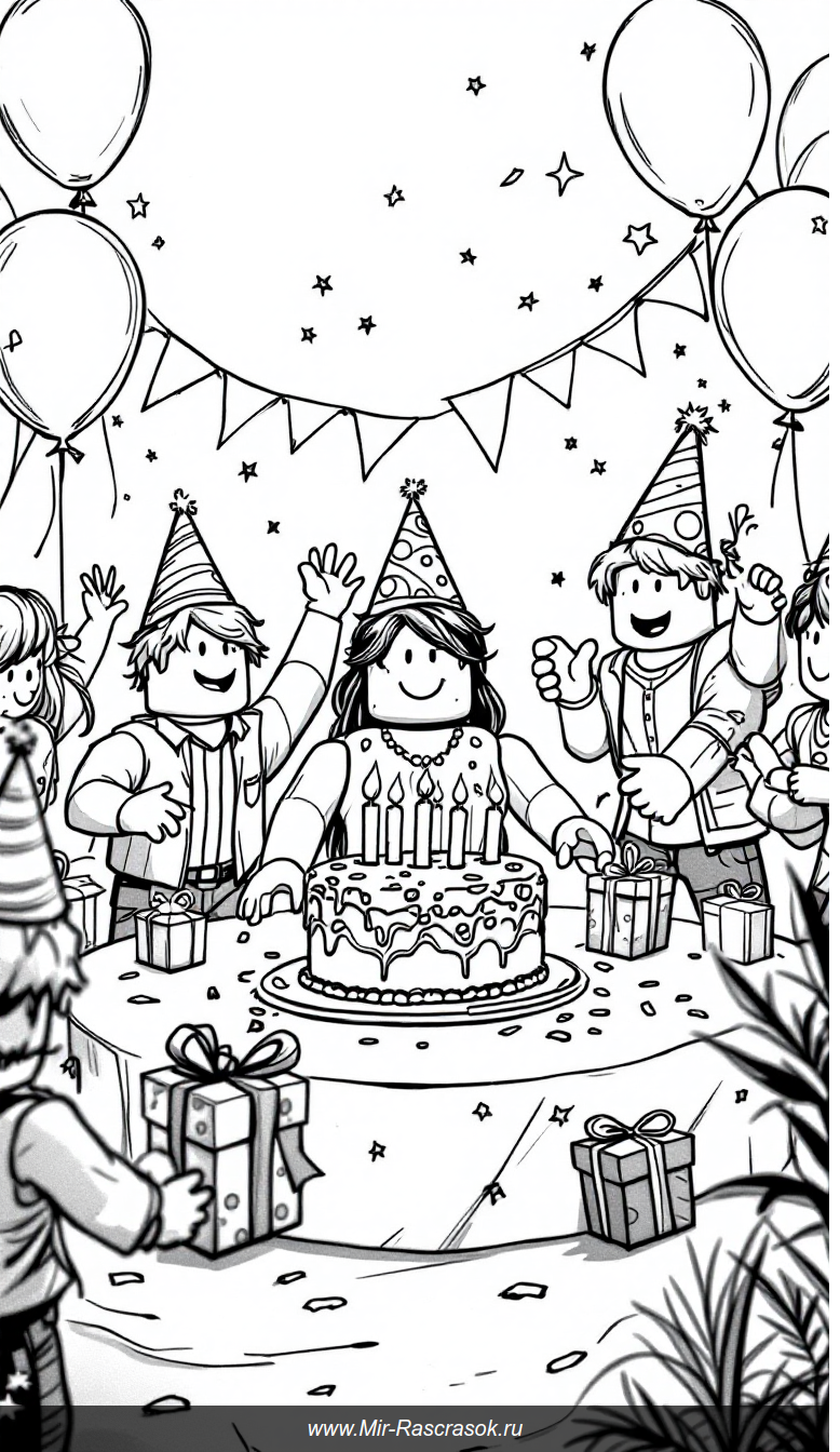 Весёлая вечеринка Robloxians в раскраске для детей