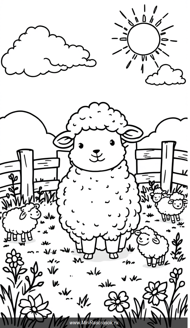 Раскраска с добрыми овечками на мирной ферме для малышей