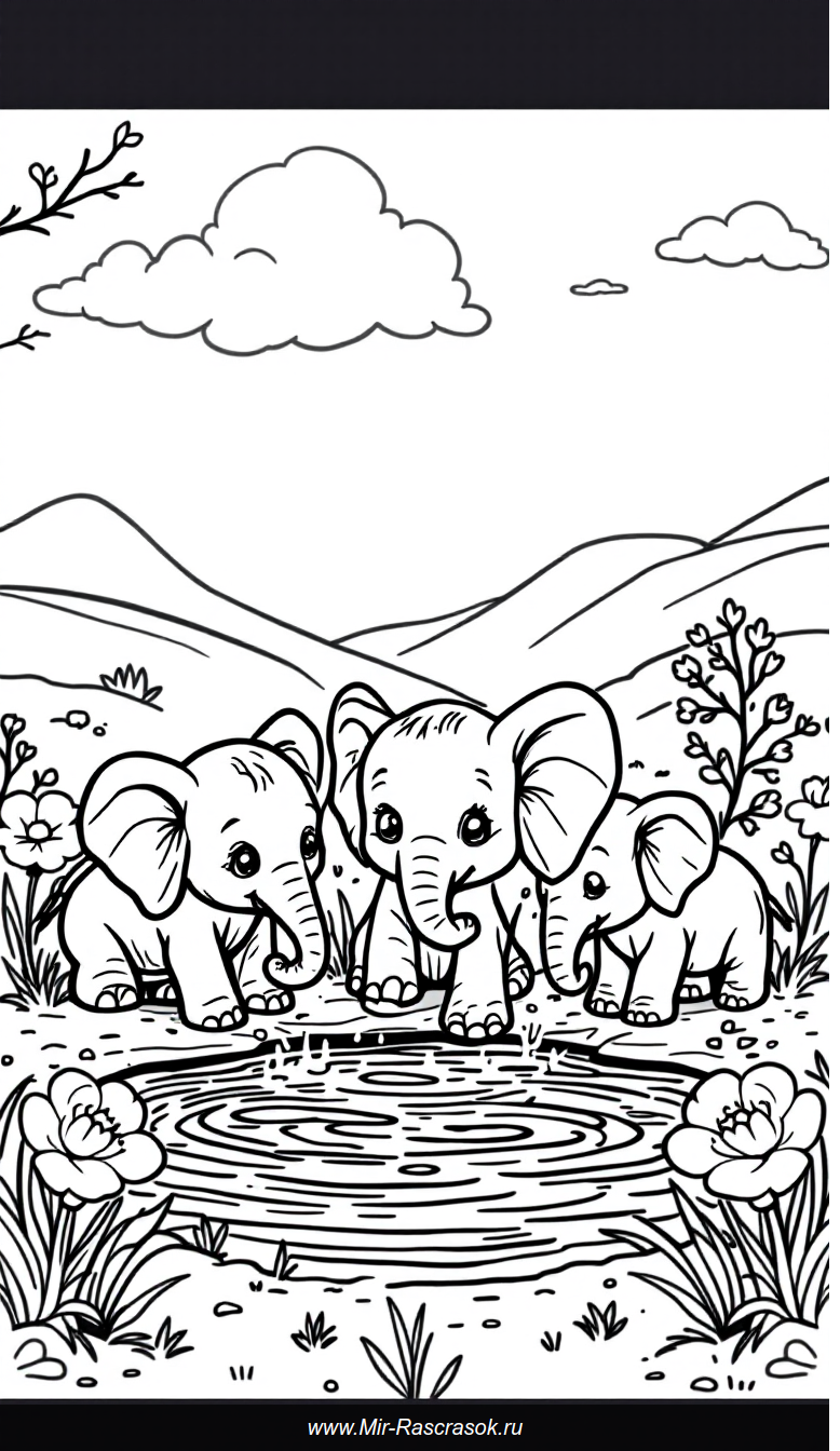 Веселые слонята в солнечной поляне для раскрашивания детьми