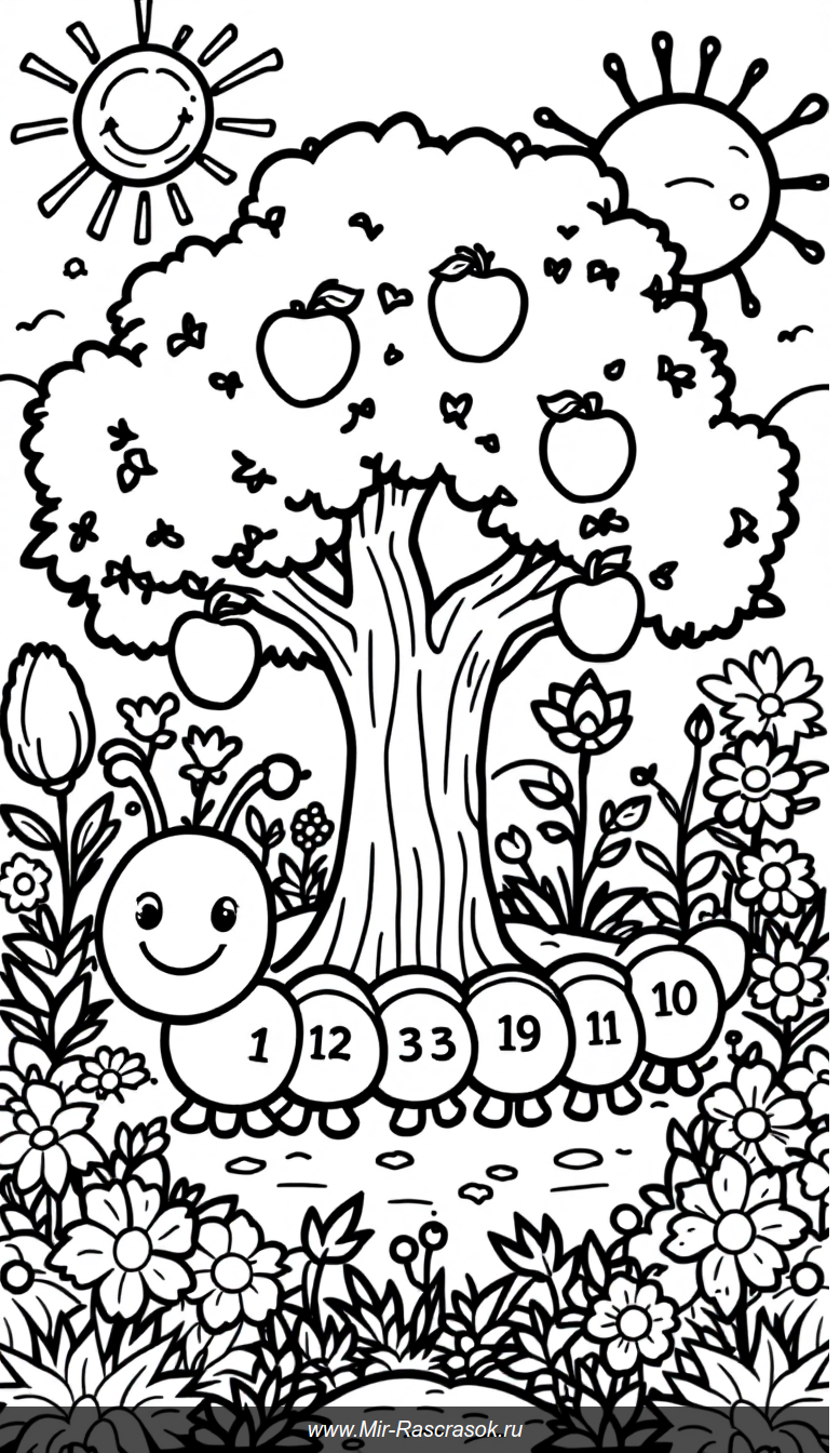 Учимся считать с раскраской веселого сада и дружелюбным деревом